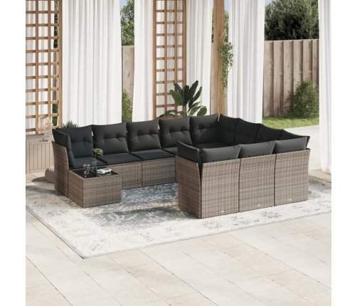 Set de sofás de jardín 11 pzas y cojines ratán sintético gris