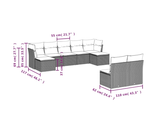 Set de sofás de jardín 9 pzas con cojines ratán sintético beige