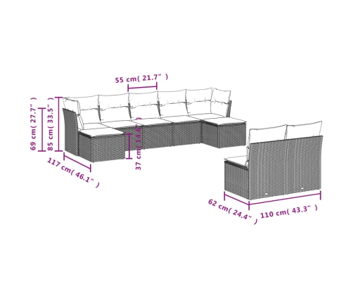 Set de sofás de jardín 9 pzas con cojines ratán sintético beige
