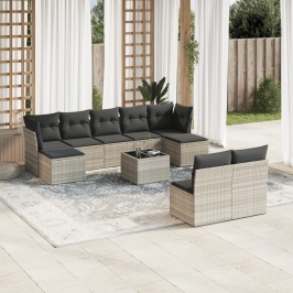 Set sofás jardín 10 pzas con cojines ratán sintético gris claro