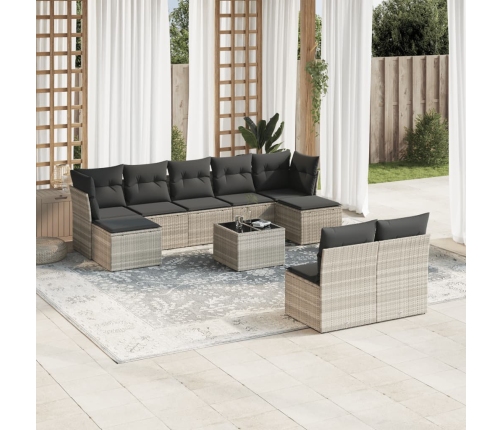 Set sofás jardín 10 pzas con cojines ratán sintético gris claro
