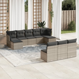 Set de sofás de jardín 10 pzas con cojines ratán sintético gris