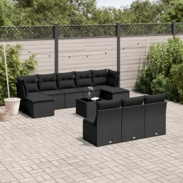 Set de sofás de jardín 11 pzas y cojines ratán sintético negro