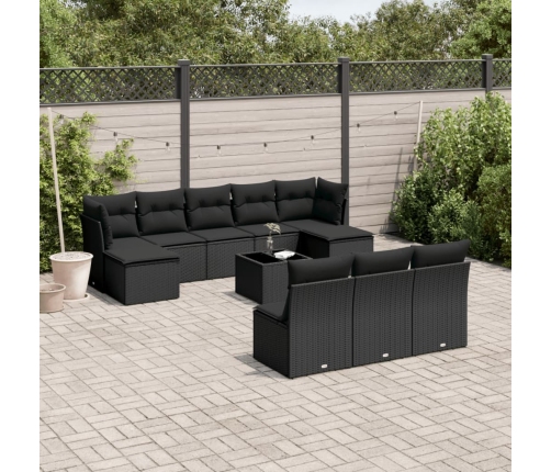 Set de sofás de jardín 11 pzas y cojines ratán sintético negro