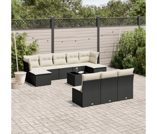 Set de sofás de jardín 11 pzas y cojines ratán sintético negro