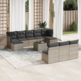 Set de sofás de jardín 11 pzas y cojines ratán sintético gris