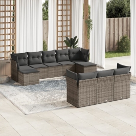 Set de sofás de jardín 10 pzas con cojines ratán sintético gris