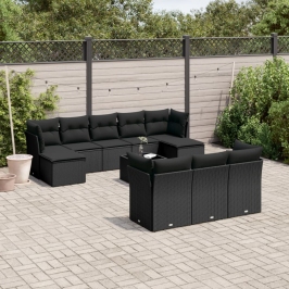 Set de sofás de jardín 11 pzas y cojines ratán sintético negro