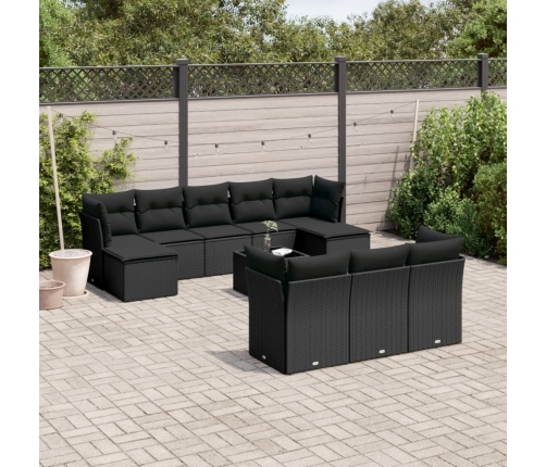 Set de sofás de jardín 11 pzas y cojines ratán sintético negro