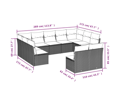 Set de sofás de jardín 11pzas con cojines ratán sintético beige