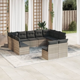 Set de sofás de jardín 11 pzas y cojines ratán sintético gris