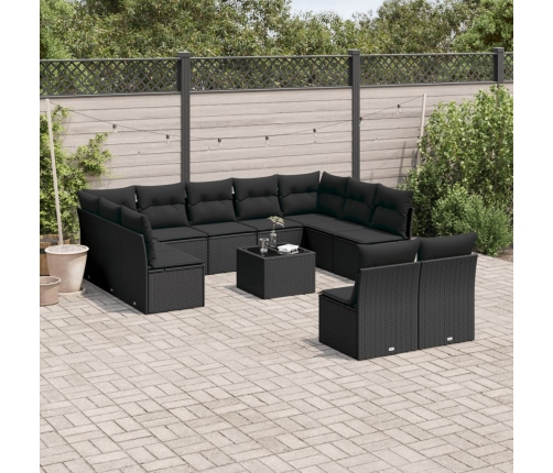 Set de sofás de jardín 12 piezas cojines ratán sintético negro