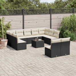 Set de sofás de jardín 12 piezas cojines ratán sintético negro