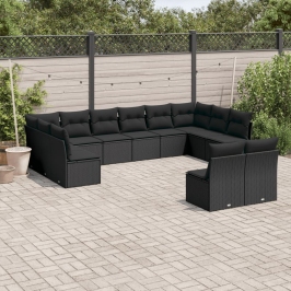 Set de sofás de jardín 12 piezas cojines ratán sintético negro