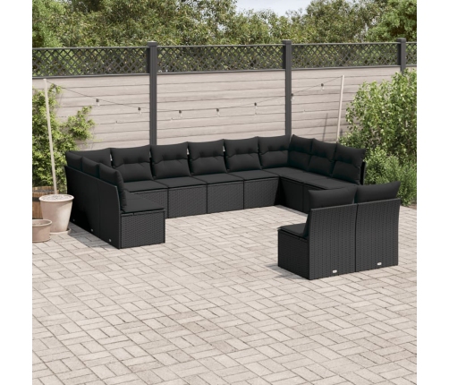 Set de sofás de jardín 12 piezas cojines ratán sintético negro