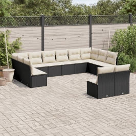 Set de sofás de jardín 12 piezas cojines ratán sintético negro