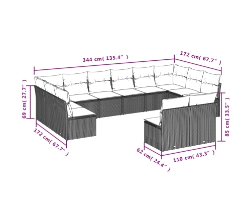Set de sofás de jardín 12 pzas y cojines ratán sintético gris
