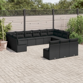 Set de sofás de jardín y cojines 13 pzas ratán sintético negro