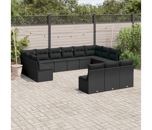 Set de sofás de jardín y cojines 13 pzas ratán sintético negro