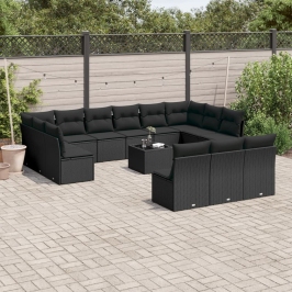 Set sofás de jardín 14 pzas con cojines ratán sintético negro