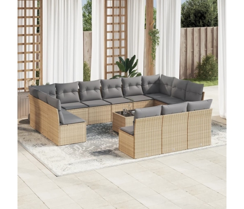 Set sofás de jardín 14 pzas con cojines ratán sintético beige
