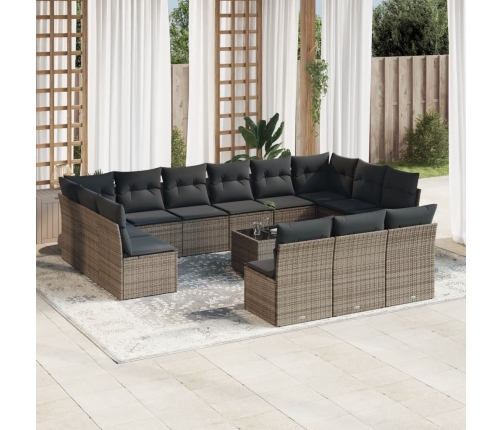 Set de sofás de jardín 14 pzas con cojines ratán sintético gris