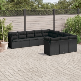 Set de sofás de jardín 11 pzas y cojines ratán sintético negro