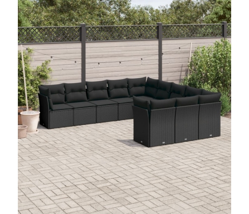 Set de sofás de jardín 11 pzas y cojines ratán sintético negro