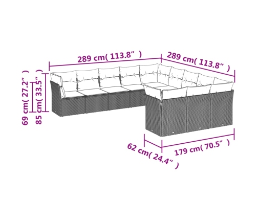 Set de sofás de jardín 11 pzas y cojines ratán sintético negro