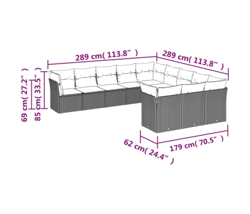 Set de sofás de jardín 11pzas con cojines ratán sintético beige