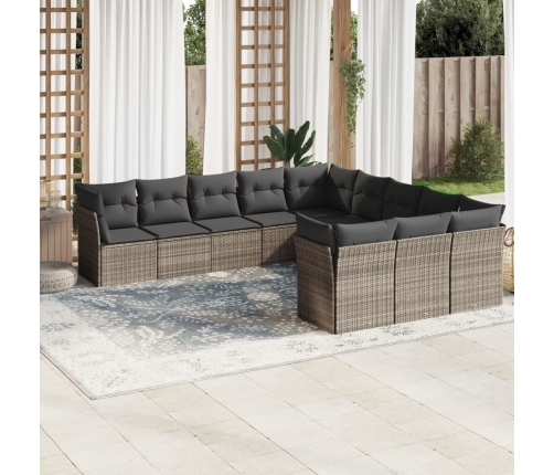 Set de sofás de jardín 11 pzas y cojines ratán sintético gris