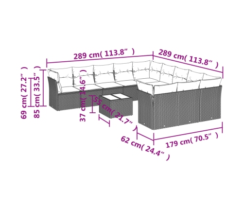 Set de sofás de jardín 12 pzas con cojines ratán sintético gris