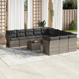 Set de sofás de jardín 12 pzas con cojines ratán sintético gris
