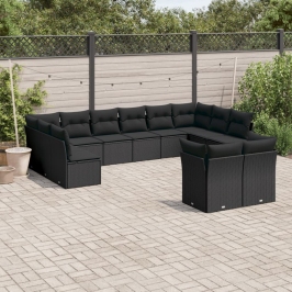 Set de sofás de jardín 12 piezas cojines ratán sintético negro