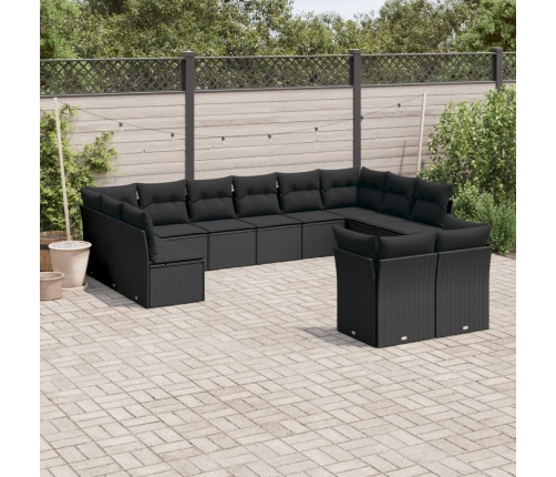 Set de sofás de jardín 12 piezas cojines ratán sintético negro