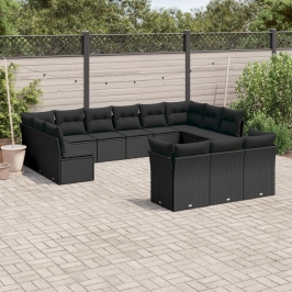 Set de sofás de jardín y cojines 13 pzas ratán sintético negro