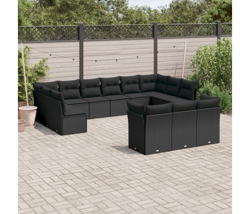 Set de sofás de jardín y cojines 13 pzas ratán sintético negro