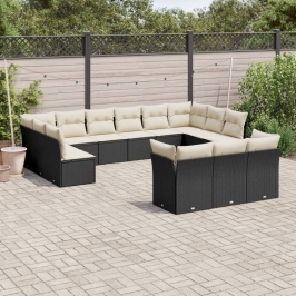 Set de sofás de jardín y cojines 13 pzas ratán sintético negro