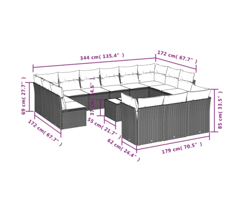 Set sofás de jardín 14 pzas con cojines ratán sintético beige