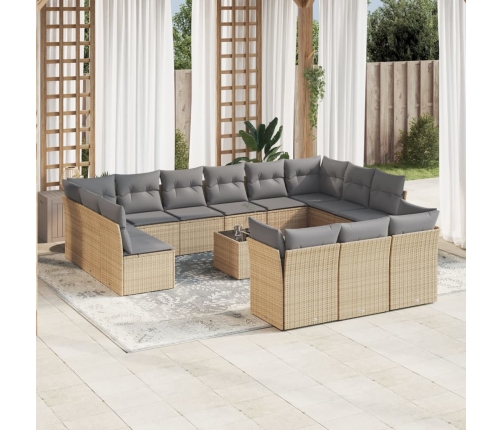 Set sofás de jardín 14 pzas con cojines ratán sintético beige
