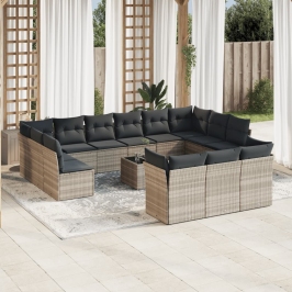 Set sofás jardín 14 pzas con cojines ratán sintético gris claro
