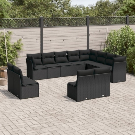 Set de sofás de jardín 12 piezas cojines ratán sintético negro
