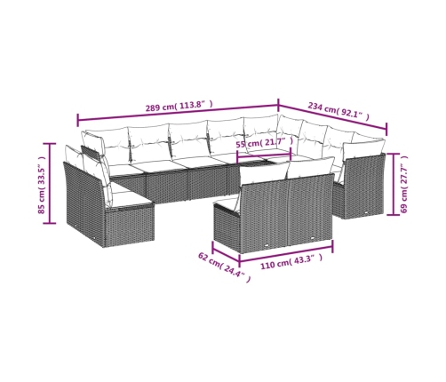 Set de sofás de jardín 12 pzas con cojines ratán sintético gris