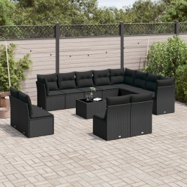 Set de sofás de jardín y cojines 13 pzas ratán sintético negro