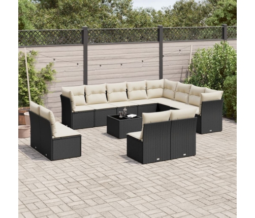 Set de sofás de jardín y cojines 13 pzas ratán sintético negro