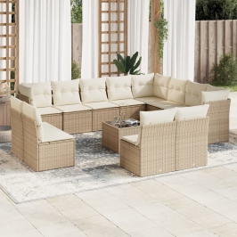 Set sofás de jardín con cojines 13 pzas ratán sintético beige