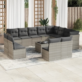 Set sofás de jardín con cojines 13 piezas ratán sintético gris