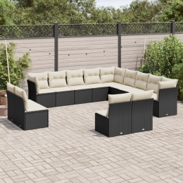 Set de sofás de jardín y cojines 13 pzas ratán sintético negro
