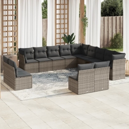Set sofás de jardín con cojines 13 piezas ratán sintético gris