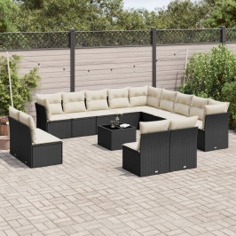 Set sofás de jardín 14 pzas con cojines ratán sintético negro
